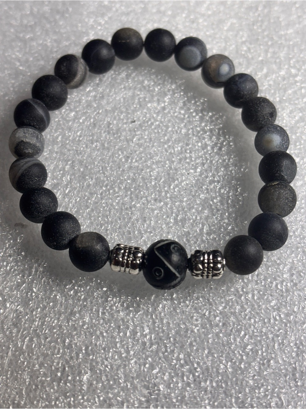 Matte Black Beaded Men’s Stretch Bracelet with Silver Accents 7.5 inches